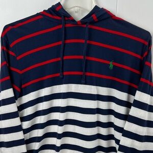 Polo Ralph Lauren Red White Blue Striped Cotton Hooded T-Shirt Sz L Green Horse